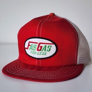 Vintage Fas Gas For Less Trucker Hat Mesh Cap Snap Back Patch Logo Red White 80s